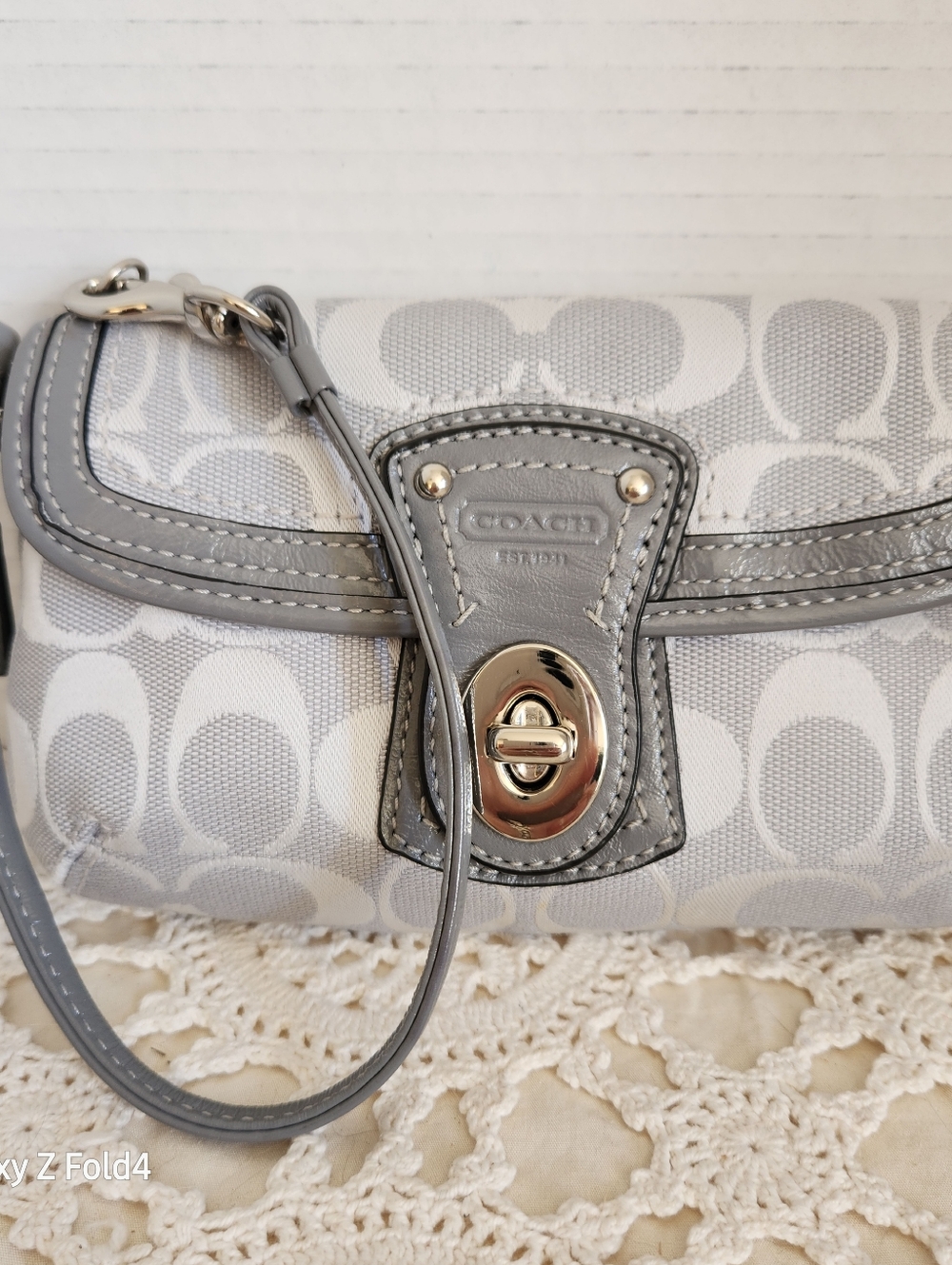 Coach Light Gray Signature Wristlet with Silver Turn-Lock
